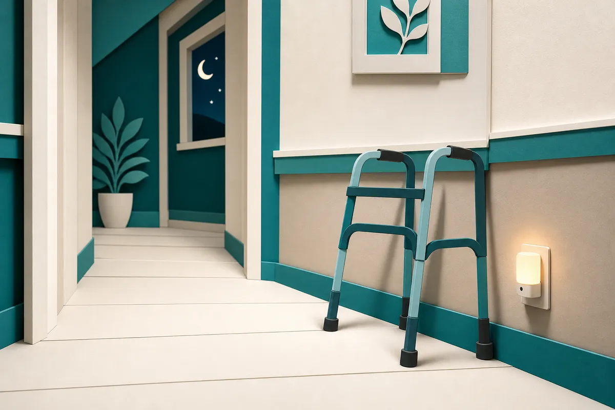 Пожилой человек с ходунками идёт по безопасному коридору без ковров, рядом — наблюдающий близкий